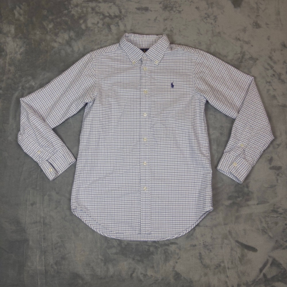 Ralph Lauren Button Down Shirt Boys 16 Blue White Check Tattersall Long Sleeve